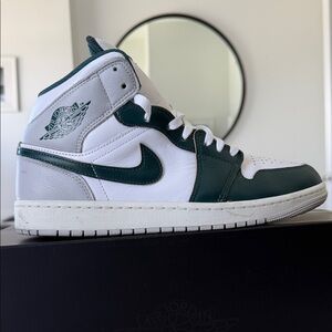 Nike Air Jordan 1 Mid SE White & Sail-Green Leather Sneakers